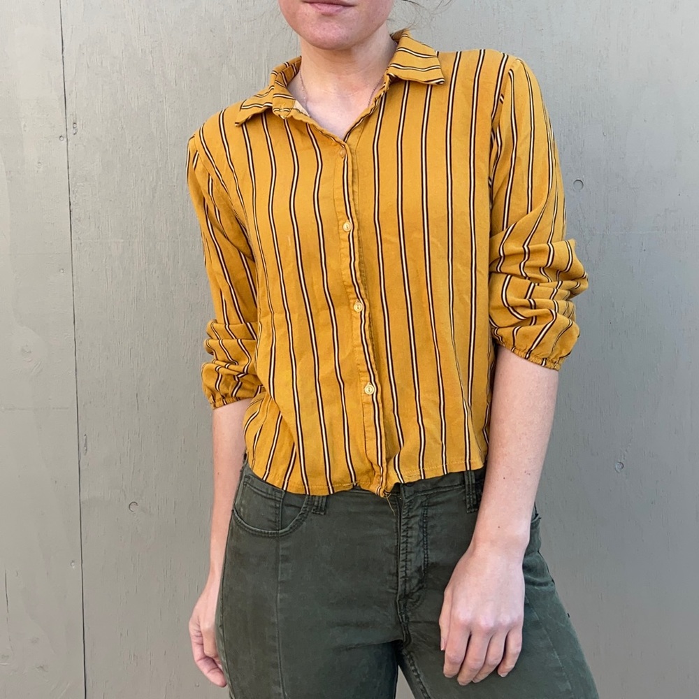 Mustard Yellow Vertical Stripe Crop Button Down